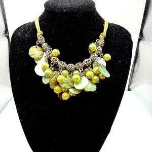 Boho Statement Necklace Green Faux Pearl & Shell Disc Cluster Silver Tone Cord
